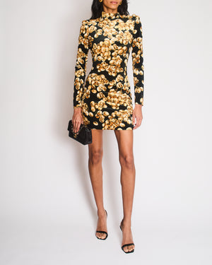 Balmain Black Velvet Long-Sleeved Mini Dress with Gold Grape Print and Gold Buttons Size FR 36 (UK 8)