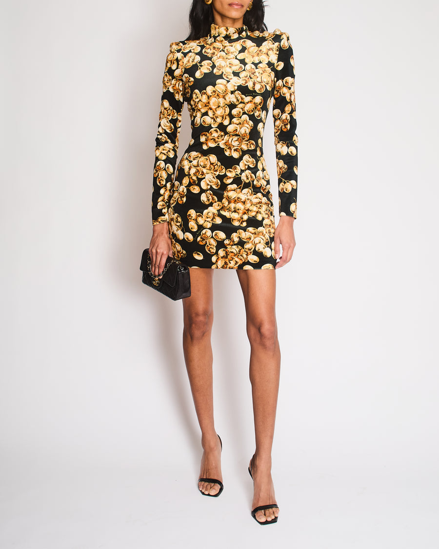 Balmain Black Velvet Long-Sleeved Mini Dress with Gold Grape Print and Gold Buttons Size FR 36 (UK 8)