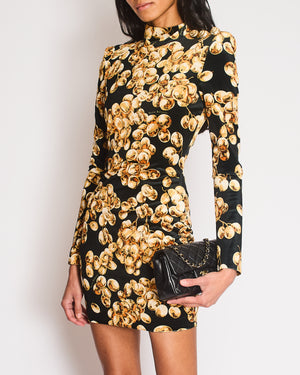 Balmain Black Velvet Long-Sleeved Mini Dress with Gold Grape Print and Gold Buttons Size FR 36 (UK 8)