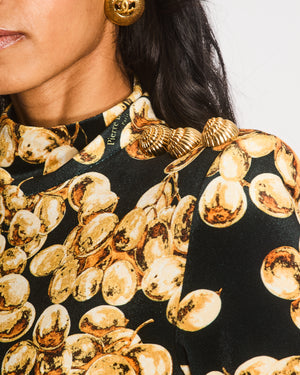 Balmain Black Velvet Long-Sleeved Mini Dress with Gold Grape Print and Gold Buttons Size FR 36 (UK 8)