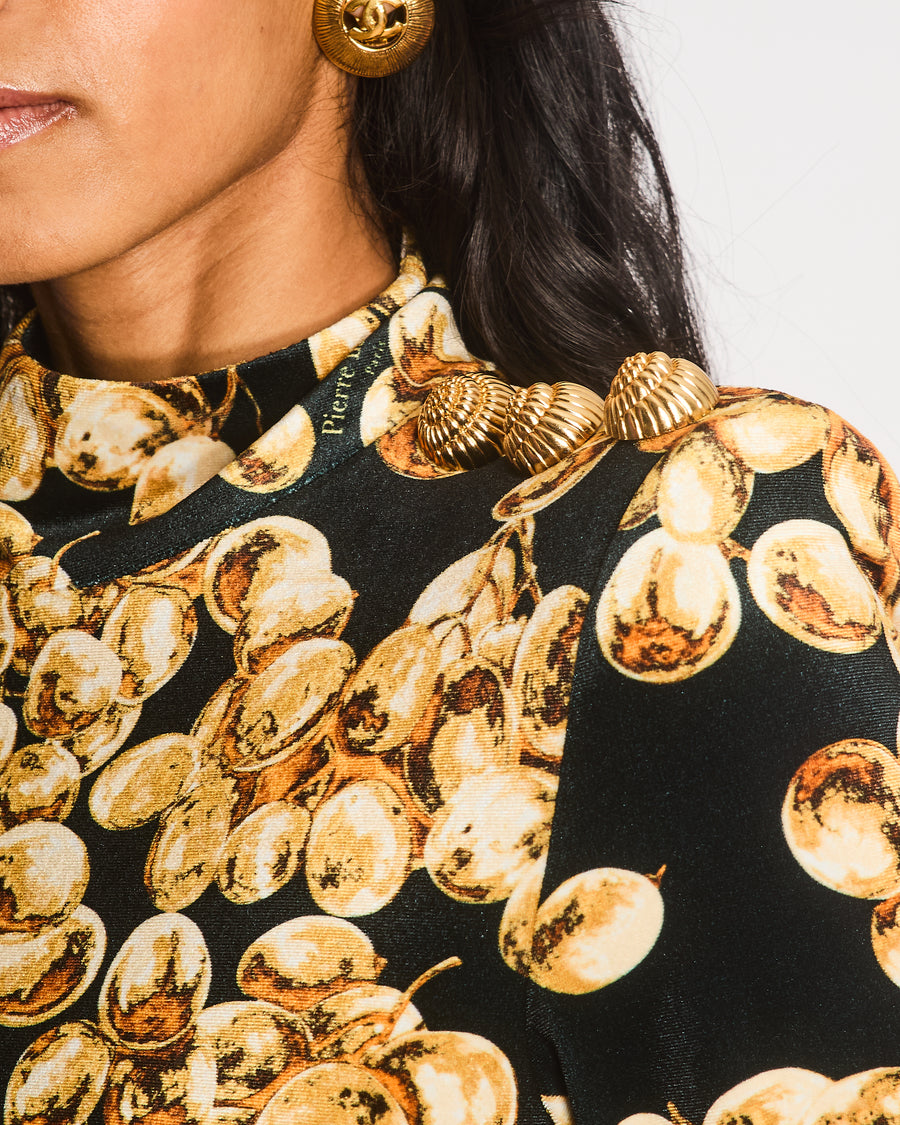 Balmain Black Velvet Long-Sleeved Mini Dress with Gold Grape Print and Gold Buttons Size FR 36 (UK 8)