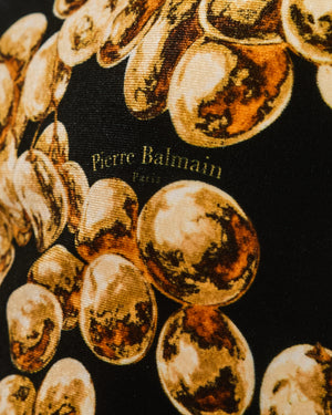 Balmain Black Velvet Long-Sleeved Mini Dress with Gold Grape Print and Gold Buttons Size FR 36 (UK 8)