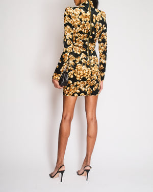Balmain Black Velvet Long-Sleeved Mini Dress with Gold Grape Print and Gold Buttons Size FR 36 (UK 8)