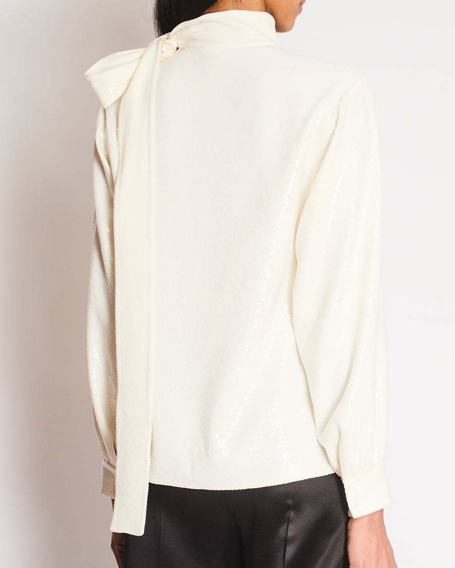 Celine White Sequin Blouse with Neck Tie Size FR 36 (UK 8)