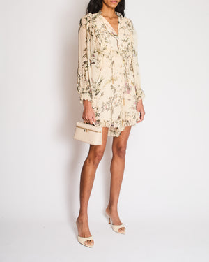 Zimmerman Beige Floral Playsuit with Neck Tie and Tie Belt with Tassel Detailing UK 12