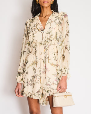 Zimmerman Beige Floral Playsuit with Neck Tie and Tie Belt with Tassel Detailing UK 12
