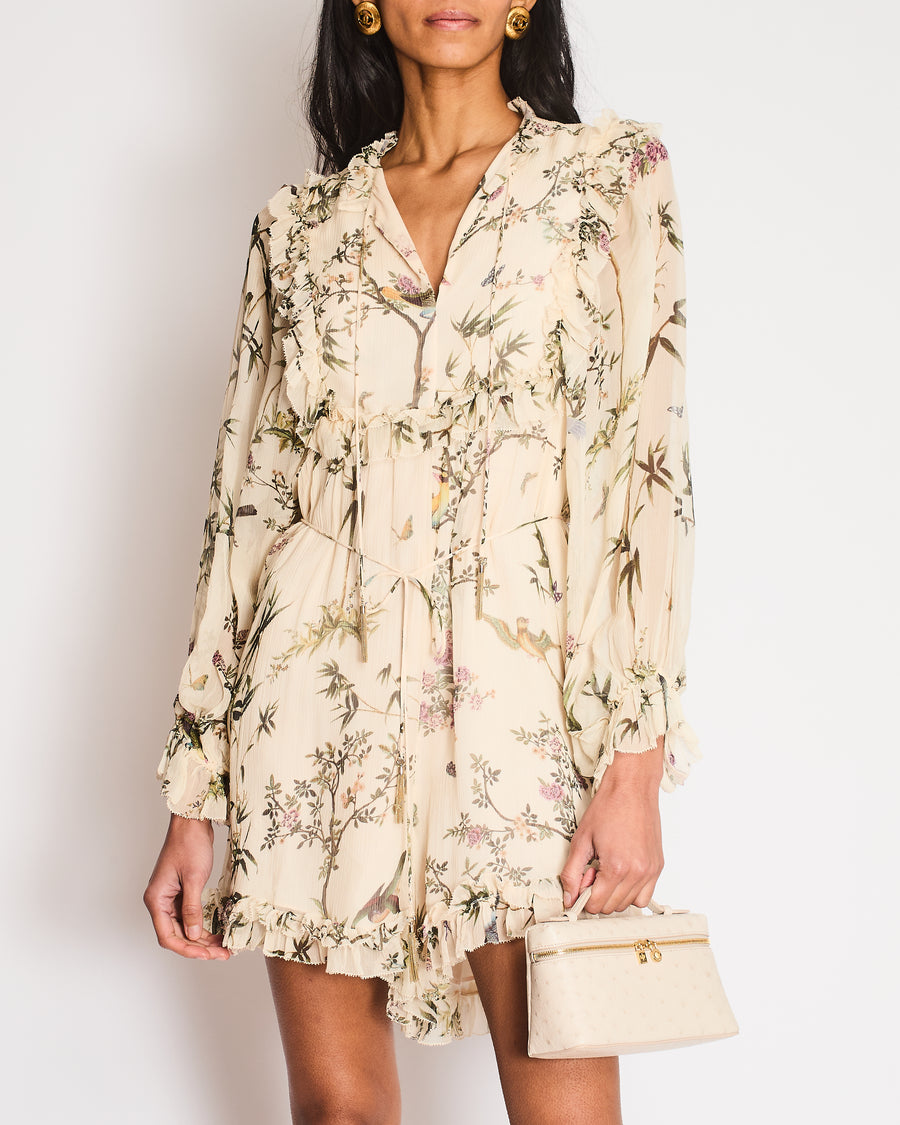 Zimmerman Beige Floral Playsuit with Neck Tie and Tie Belt with Tassel Detailing UK 12