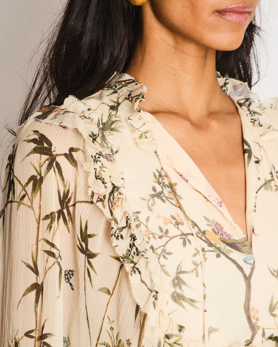 Zimmerman Beige Floral Playsuit with Neck Tie and Tie Belt with Tassel Detailing UK 12