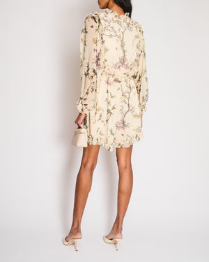 Zimmerman Beige Floral Playsuit with Neck Tie and Tie Belt with Tassel Detailing UK 12