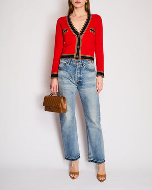 Chanel Red, Navy, and Camel Cashmere Cardigan with CC Logo Buttons Size FR 38 (UK 10)