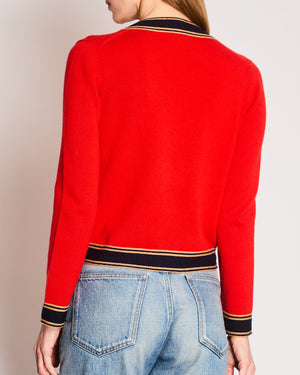 Chanel Red, Navy, and Camel Cashmere Cardigan with CC Logo Buttons Size FR 38 (UK 10)