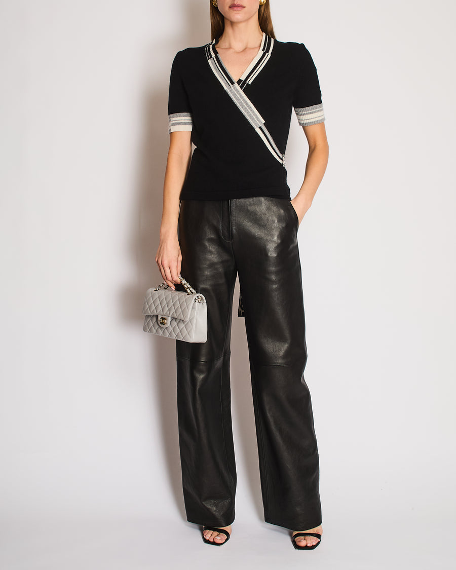 Chanel Black, White, and Grey Wrap Cashmere Cardigan with Logo Detail Size FR 38 (UK 10)