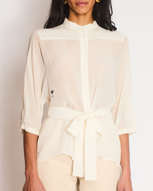 Christian Dior White Sheer Shirt with Tie Belt and Bee Logo Embroidery Size FR 40 (UK 12)