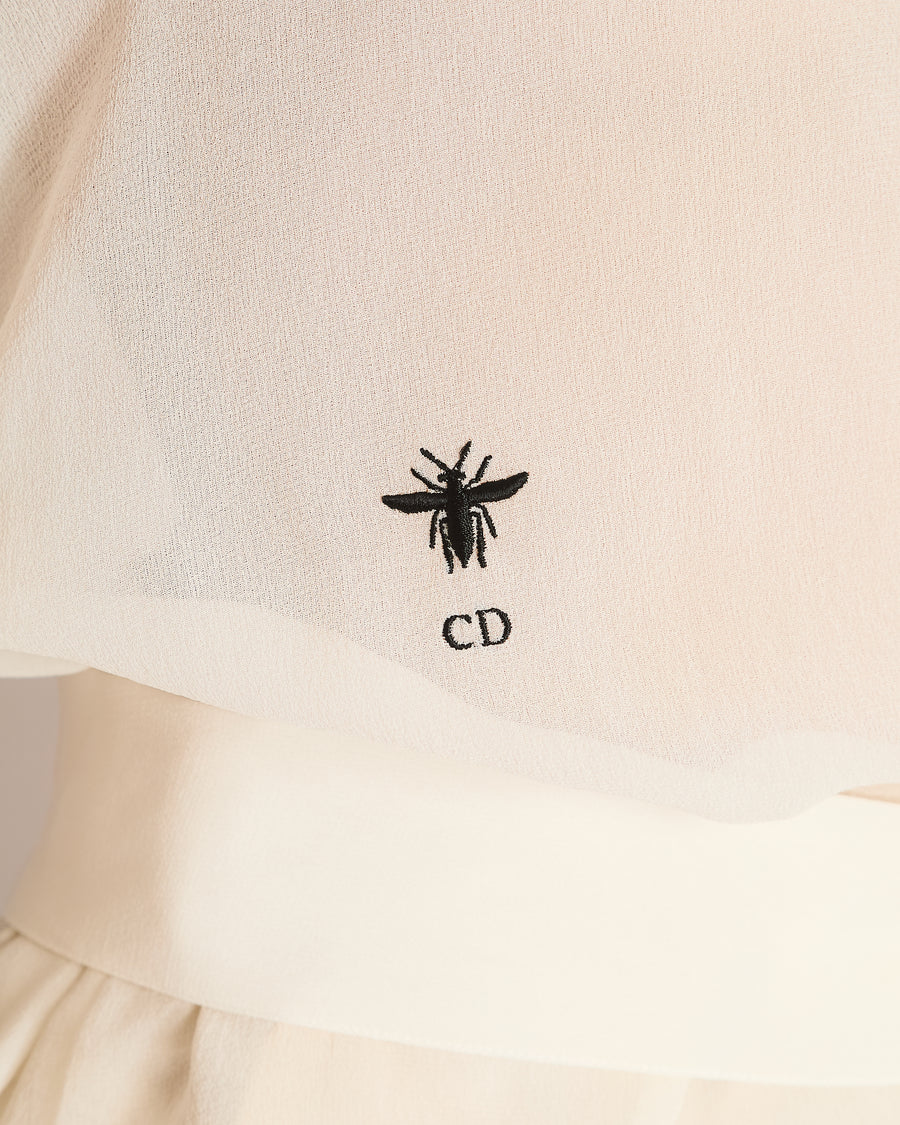 Christian Dior White Sheer Shirt with Tie Belt and Bee Logo Embroidery Size FR 40 (UK 12)