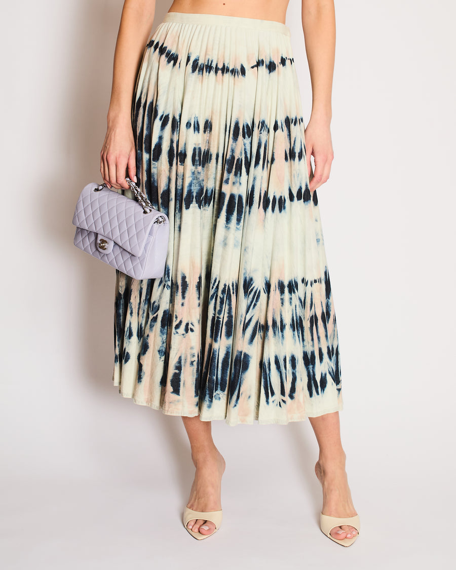 Christian Dior Navy and White Tie-Dye Pleated Maxi Skirt Size FR 38 (UK 10)