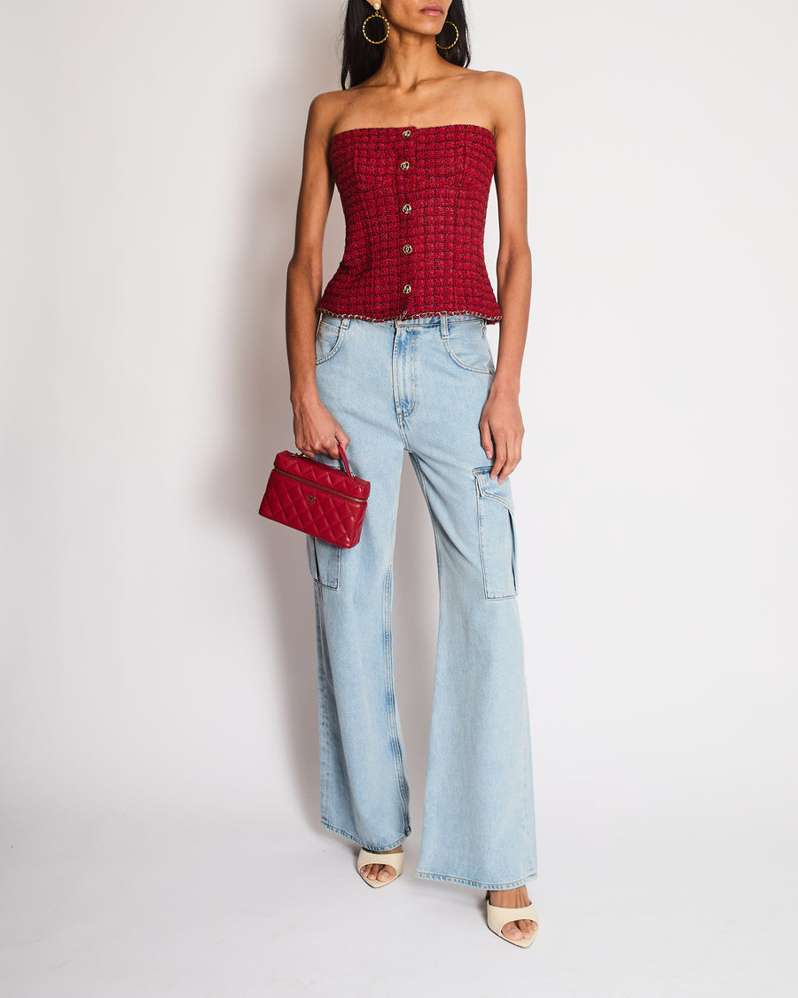 Chanel 2023 Pre Fall Red Tweed Bustier with Gold Chain Detail and CC Logo Buttons Size FR 40 (UK 12)