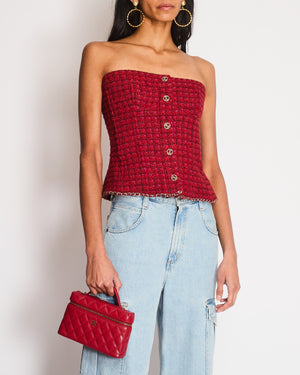 Chanel 2023 Pre Fall Red Tweed Bustier with Gold Chain Detail and CC Logo Buttons Size FR 40 (UK 12)