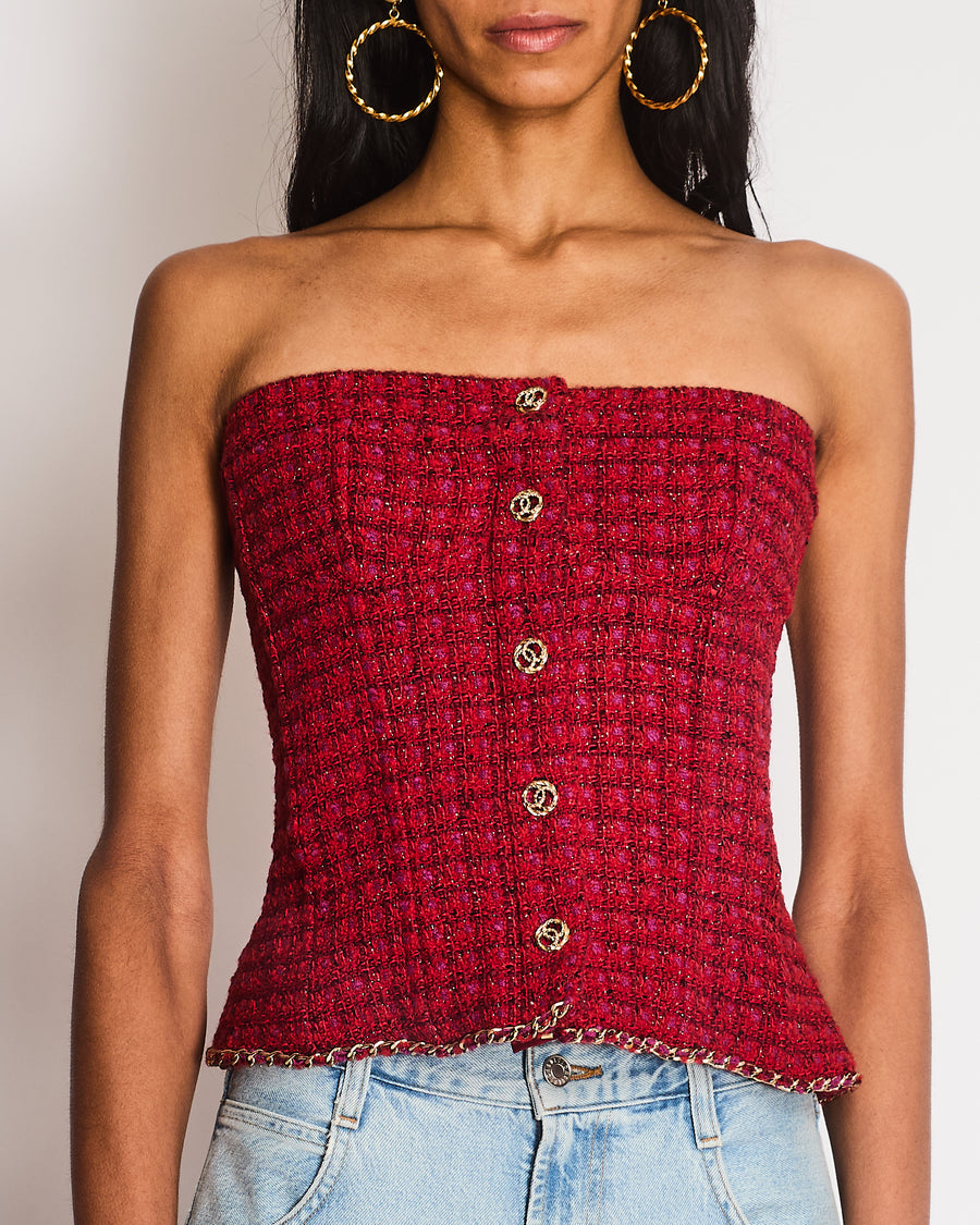Chanel 2023 Pre Fall Red Tweed Bustier with Gold Chain Detail and CC Logo Buttons Size FR 40 (UK 12)