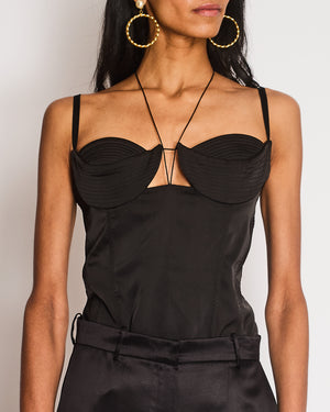 Anna October Black Satin Corset Bodysuit with Quilted Cups and Neck Tie Size UK 10
