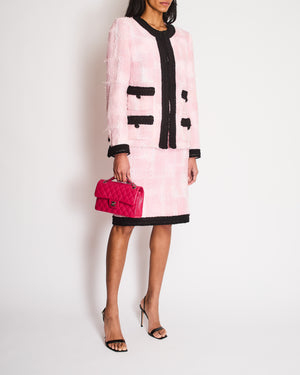 Chanel Cruise 2022 Pink and Black Tweed Blazer and Midi Skirt Set with Black CC Logo Details Size FR 42 (UK 14)