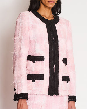 Chanel Cruise 2022 Pink and Black Tweed Blazer and Midi Skirt Set with Black CC Logo Details Size FR 42 (UK 14)