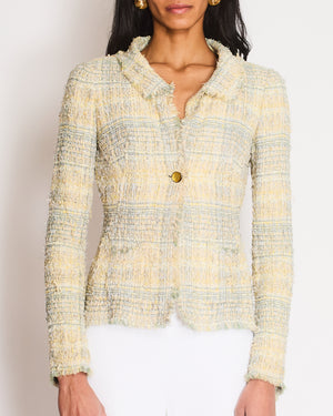 Chanel 05P Vintage Beige, Light Blue and Pastel Yellow Tweed Jacket with Gold and Silver CC Logo Buttons Size FR 36 (UK 8)