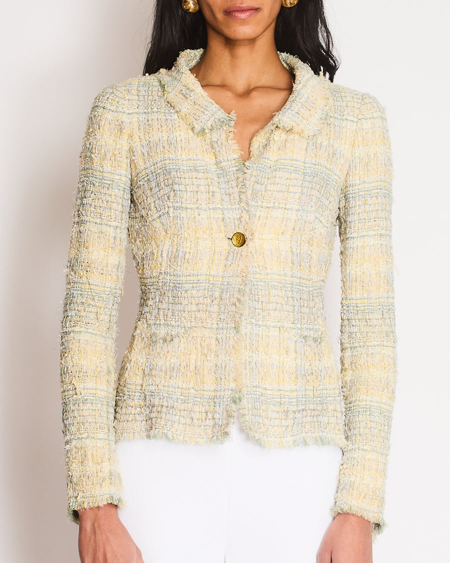 Chanel 05P Vintage Beige, Light Blue and Pastel Yellow Tweed Jacket with Gold and Silver CC Logo Buttons Size FR 36 (UK 8)
