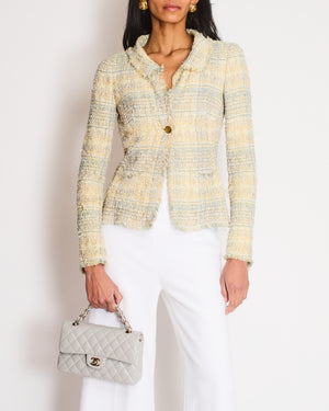Chanel 05P Vintage Beige, Light Blue and Pastel Yellow Tweed Jacket with Gold and Silver CC Logo Buttons Size FR 36 (UK 8)