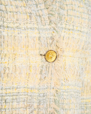 Chanel 05P Vintage Beige, Light Blue and Pastel Yellow Tweed Jacket with Gold and Silver CC Logo Buttons Size FR 36 (UK 8)