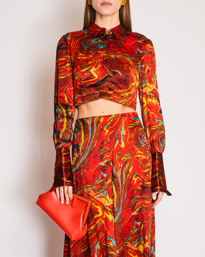 Fendi Burnt Orange Marble Print Silk Shirt and Asymmetric Midi Skirt Set with Embossed Logo Detail and Gold Logo Buttons Size IT 40 (UK 8)