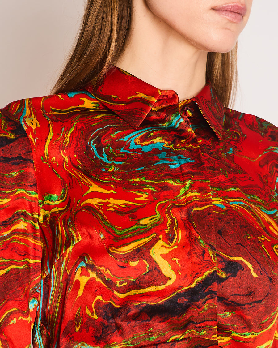 Fendi Burnt Orange Marble Print Silk Shirt and Asymmetric Midi Skirt Set with Embossed Logo Detail and Gold Logo Buttons Size IT 40 (UK 8)