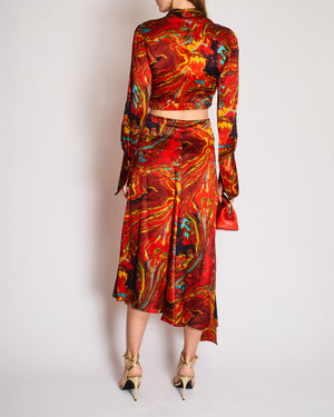 Fendi Burnt Orange Marble Print Silk Shirt and Asymmetric Midi Skirt Set with Embossed Logo Detail and Gold Logo Buttons Size IT 40 (UK 8)