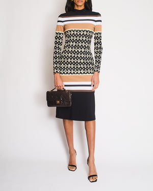 Valentino Black, Brown, and Cream Logo Pattern Striped Bodycon Midi Dress Size UK 8