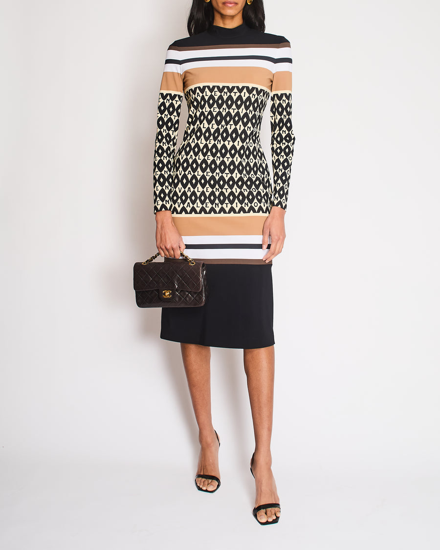 Valentino Black, Brown, and Cream Logo Pattern Striped Bodycon Midi Dress Size UK 8