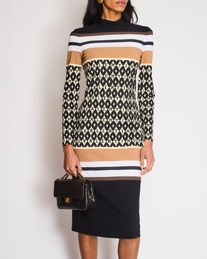 Valentino Black, Brown, and Cream Logo Pattern Striped Bodycon Midi Dress Size UK 8