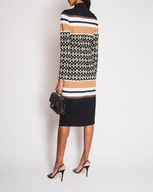 Valentino Black, Brown, and Cream Logo Pattern Striped Bodycon Midi Dress Size UK 8