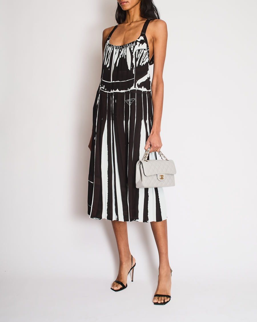 Prada Blue, Black Pleated Midi Dress with Logo Detail and Crossover Straps Size IT 38 (UK 6)