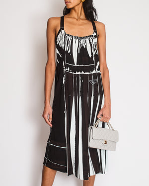 Prada Blue, Black Pleated Midi Dress with Logo Detail and Crossover Straps Size IT 38 (UK 6)