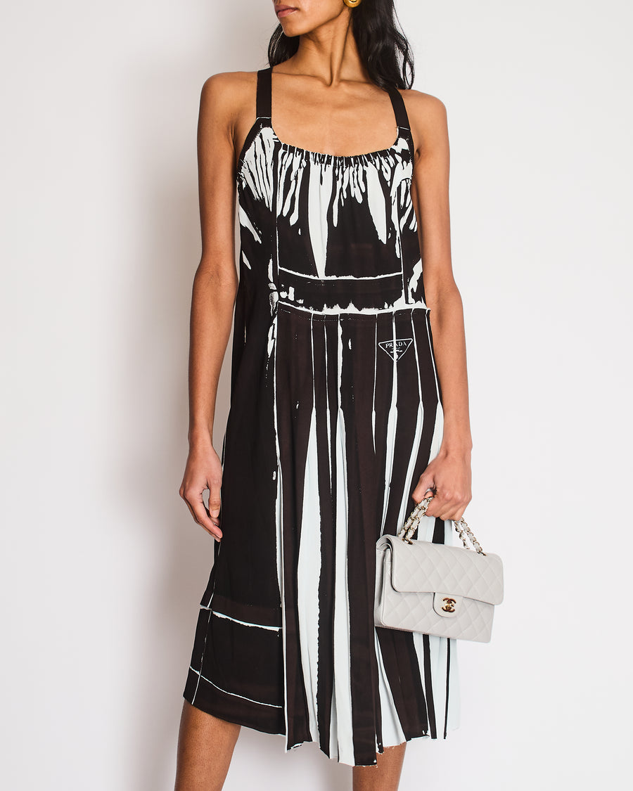Prada Blue, Black Pleated Midi Dress with Logo Detail and Crossover Straps Size IT 38 (UK 6)