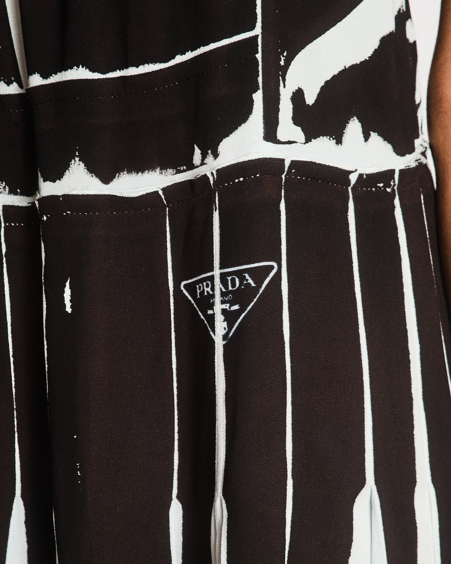Prada Blue, Black Pleated Midi Dress with Logo Detail and Crossover Straps Size IT 38 (UK 6)