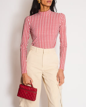 Valentino Red and Cream Logo Print High Neck Long Sleeve Top Size UK 8