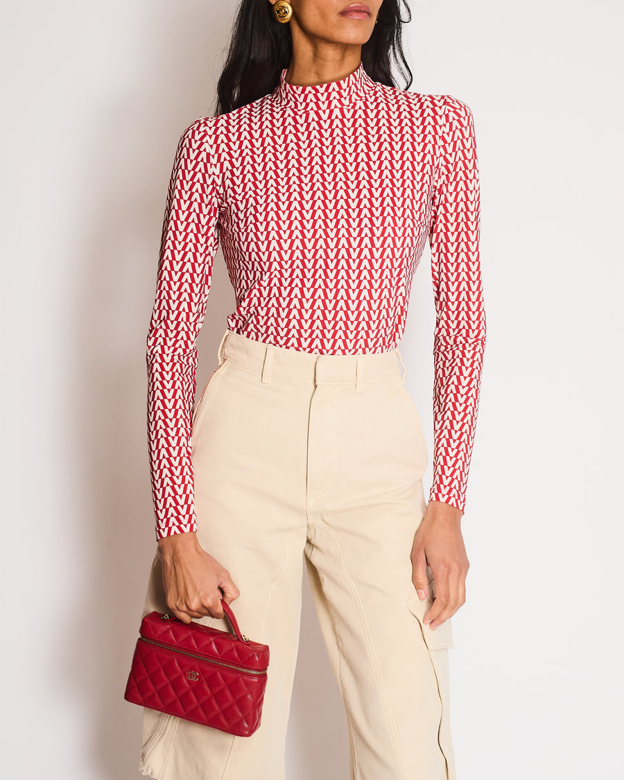 Valentino Red and Cream Logo Print High Neck Long Sleeve Top Size UK 8