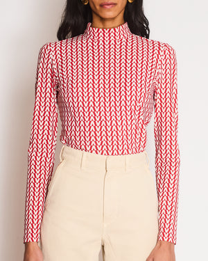 Valentino Red and Cream Logo Print High Neck Long Sleeve Top Size UK 8