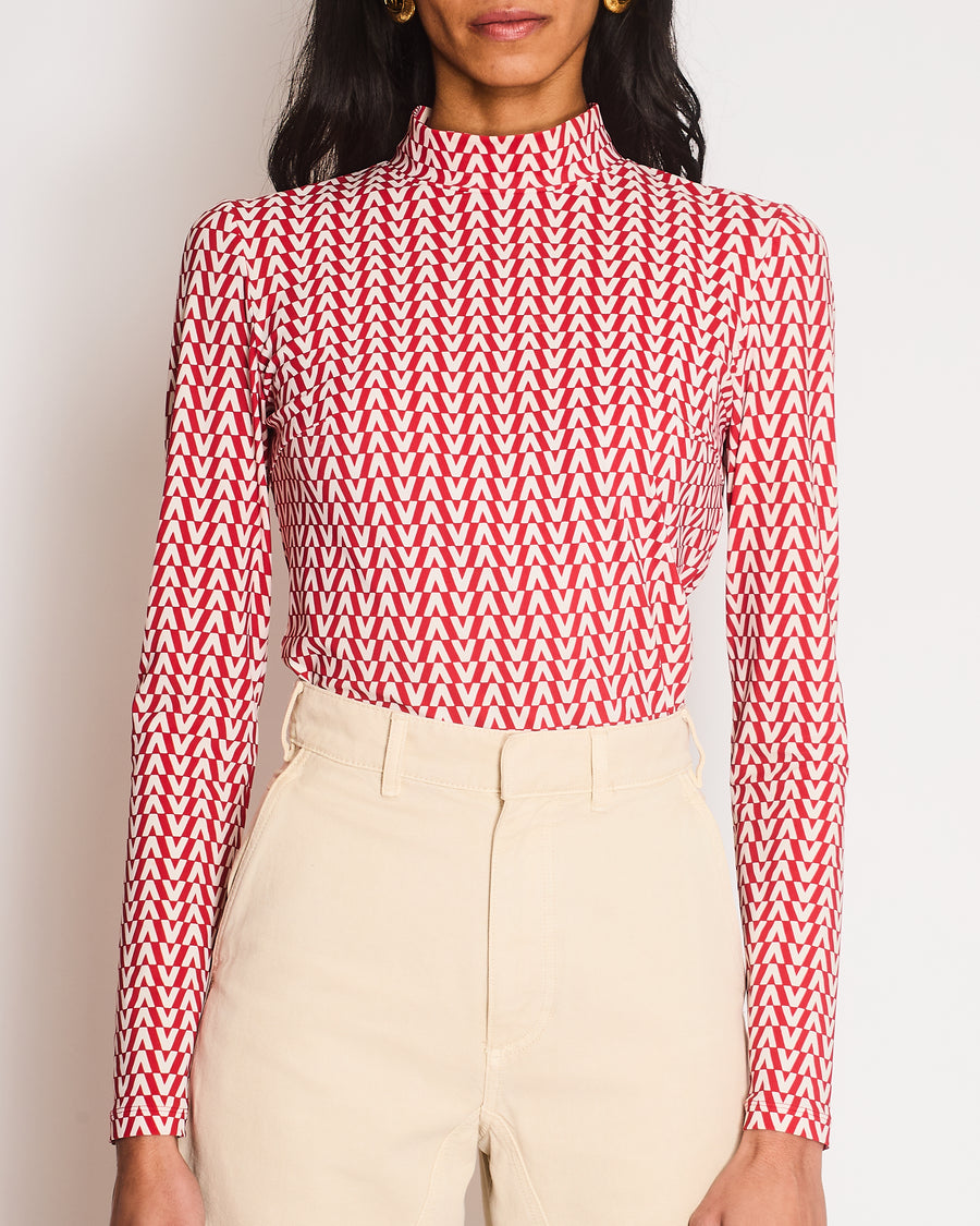 Valentino Red and Cream Logo Print High Neck Long Sleeve Top Size UK 8