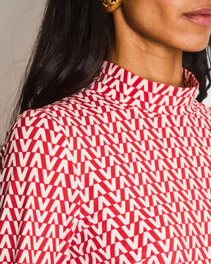 Valentino Red and Cream Logo Print High Neck Long Sleeve Top Size UK 8