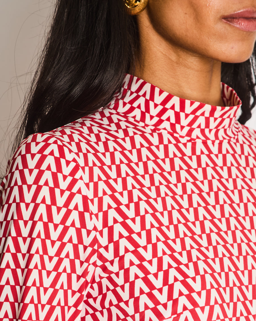 Valentino Red and Cream Logo Print High Neck Long Sleeve Top Size UK 8
