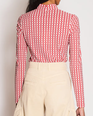 Valentino Red and Cream Logo Print High Neck Long Sleeve Top Size UK 8