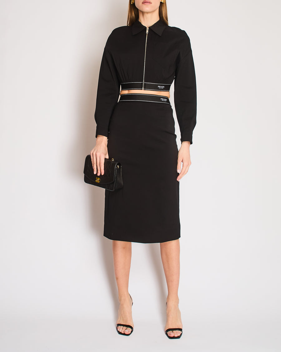 Prada Black Cropped Jacket with Logo Elastic Waistband and Matching Midi Pencil Skirt Size IT 38 (UK 6)