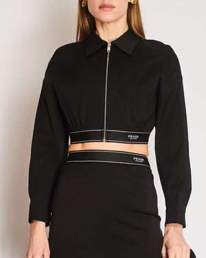 Prada Black Cropped Jacket with Logo Elastic Waistband and Matching Midi Pencil Skirt Size IT 38 (UK 6)