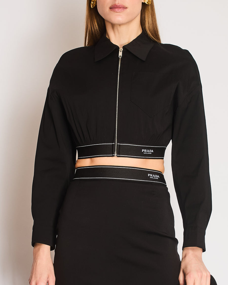 Prada Black Cropped Jacket with Logo Elastic Waistband and Matching Midi Pencil Skirt Size IT 38 (UK 6)